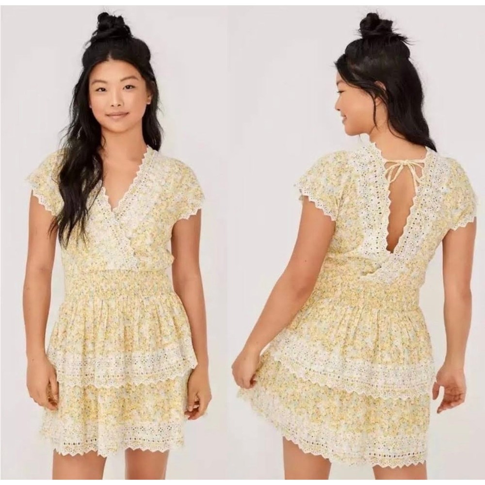 American Eagle Women’s Yellow Floral Ruffle Lace Dress Tie Back Detail XS